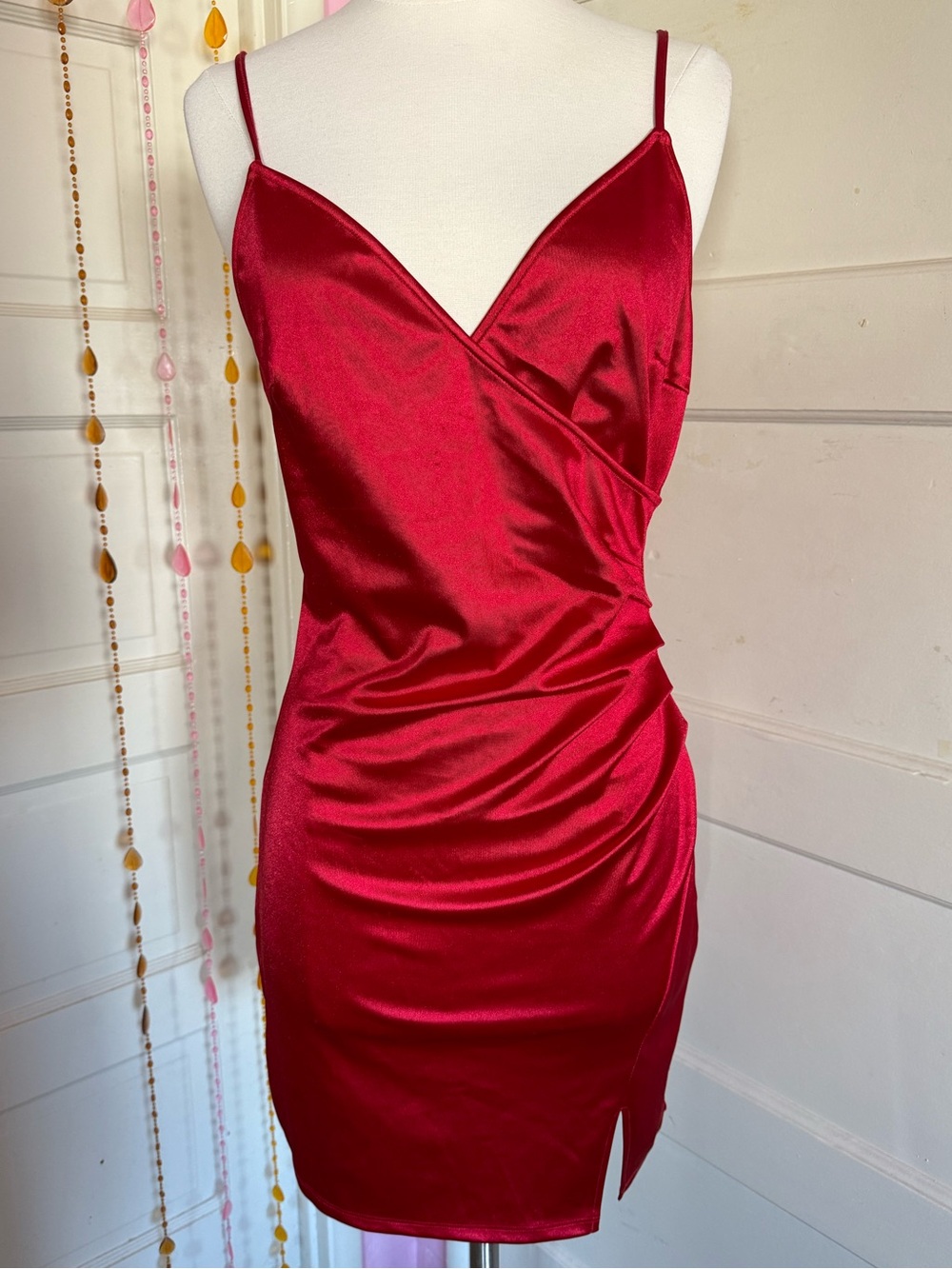 Inspired Hearts Red Satin Ruched Bodycon Mini Dress NWT Adjustable Straps Size M
